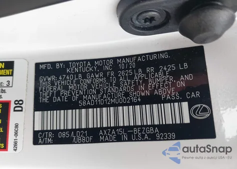 2021 Lexus Es 250 из США, поврежденный, VIN 58AD11D12MU002164